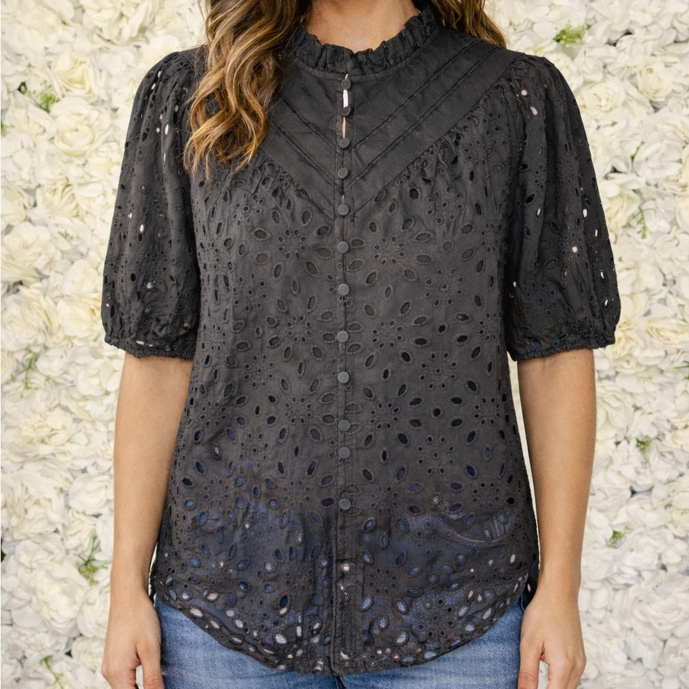 PrettyGarden Black Eyelet Lace Blouse Large Puff Sleeve Button Top